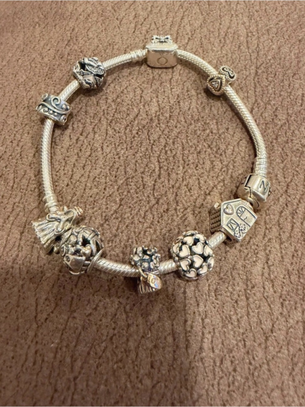 Pandora Silver Charm Bracelet with Heart, Floral and House Charms - Silver